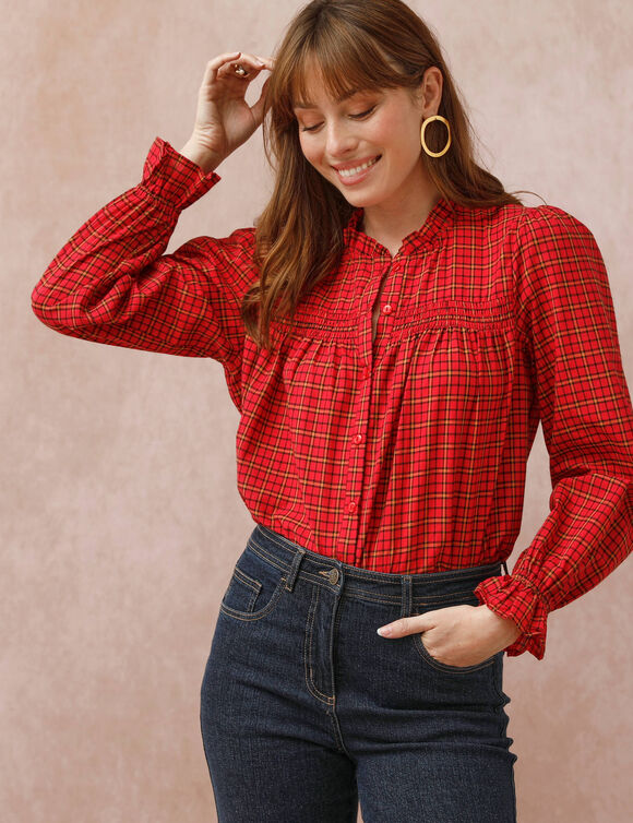 Chemisier smocké col volanté à carreaux (rouge) Chemisier smocké col volanté à carreaux (rouge)